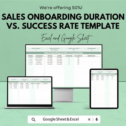 Sales Onboarding Duration vs Success Rate Template | Employee Training Tracker | Sales Performance Analysis Spreadsheet |