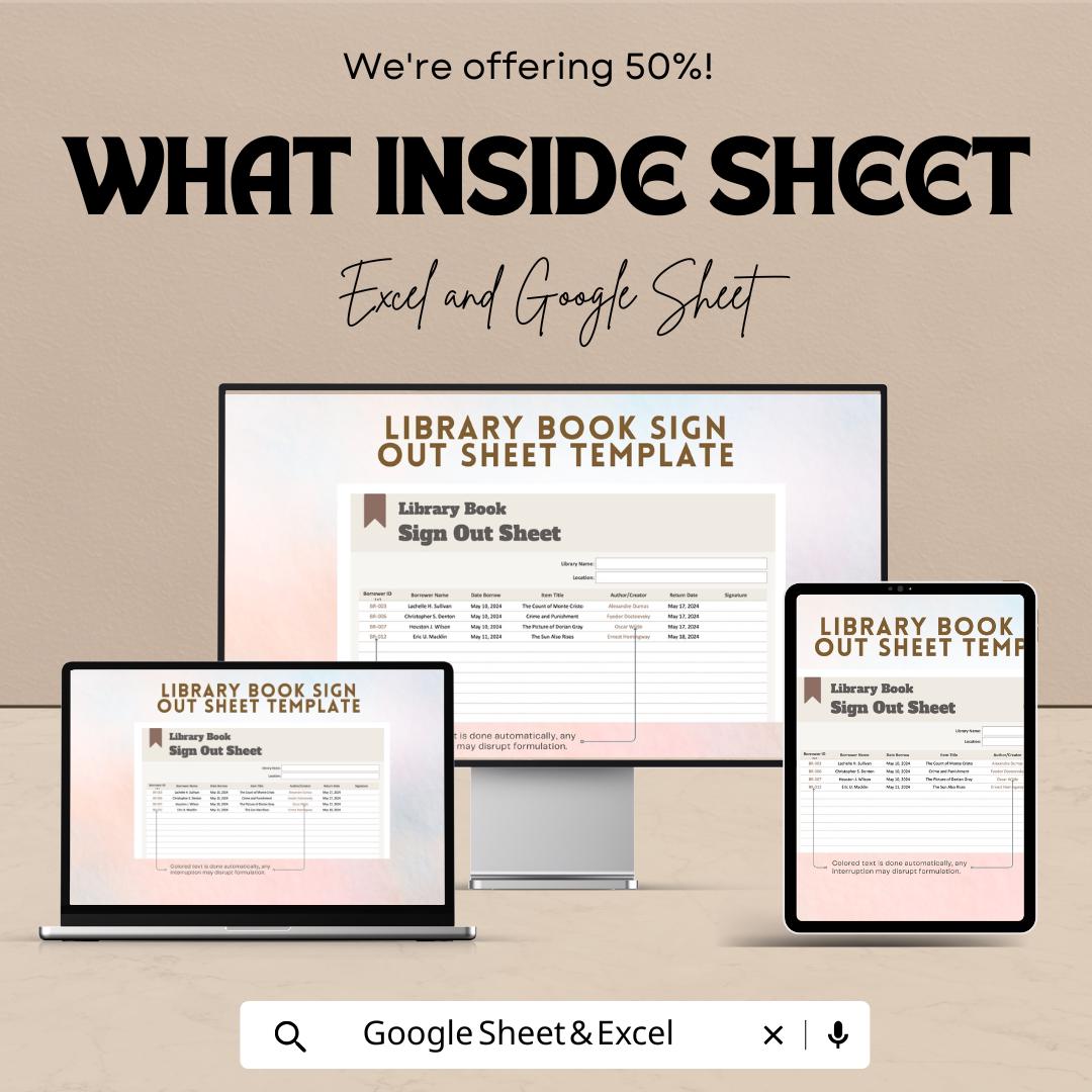 Library Book Sign Out Sheet Template - Excel and Google Sheet | Track Library Usage & Borrowed Books | Easy-to-Use Library Management Tool