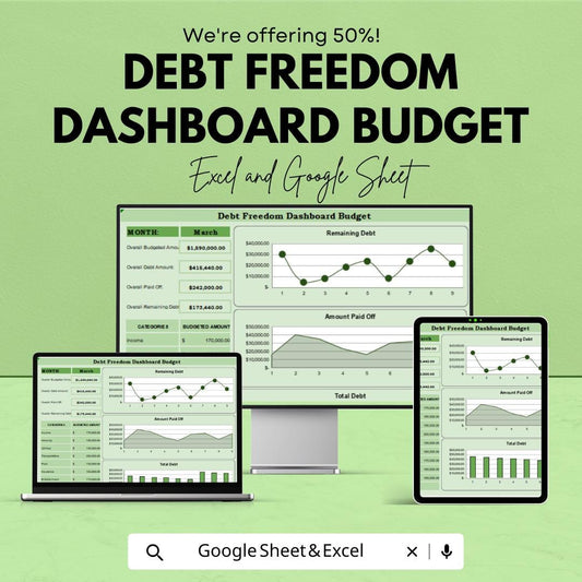 Debt Freedom Dashboard Budget Sheet - Excel & Google Sheets Template - Track Debt, Payments, Budget Categories, and Progress