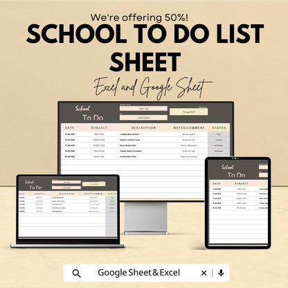 School To Do List Sheet | Student Task Planner in Excel and Google Sheets | Assignment & Homework Tracker