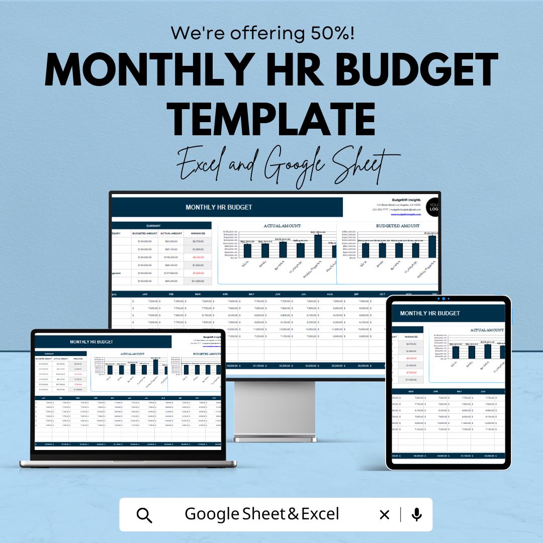 Monthly HR Budget Template | HR Budget Spreadsheet | Excel & Google Sheets HR Budget Tracker | Human Resources Budget Planner