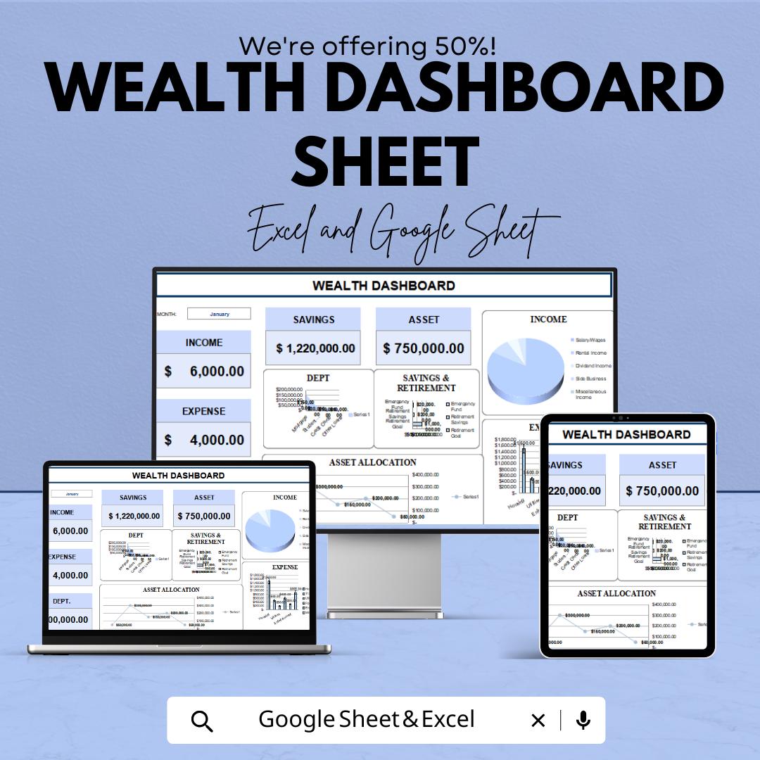 Wealth Dashboard Excel & Google Sheet | Finance Tracker | Budget Planner | Income Expense Tracker | Digital Spreadsheet