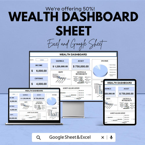 Wealth Dashboard Excel & Google Sheet | Finance Tracker | Budget Planner | Income Expense Tracker | Digital Spreadsheet