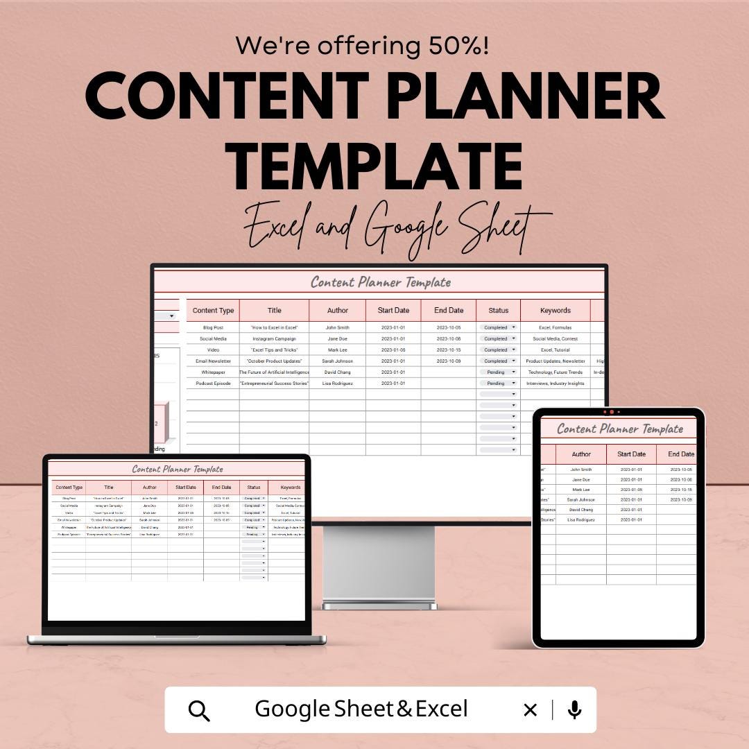 Content Planner Template | Social Media Content Calendar | Blog Planner Spreadsheet | Content Strategy Planner | Marketing Planner