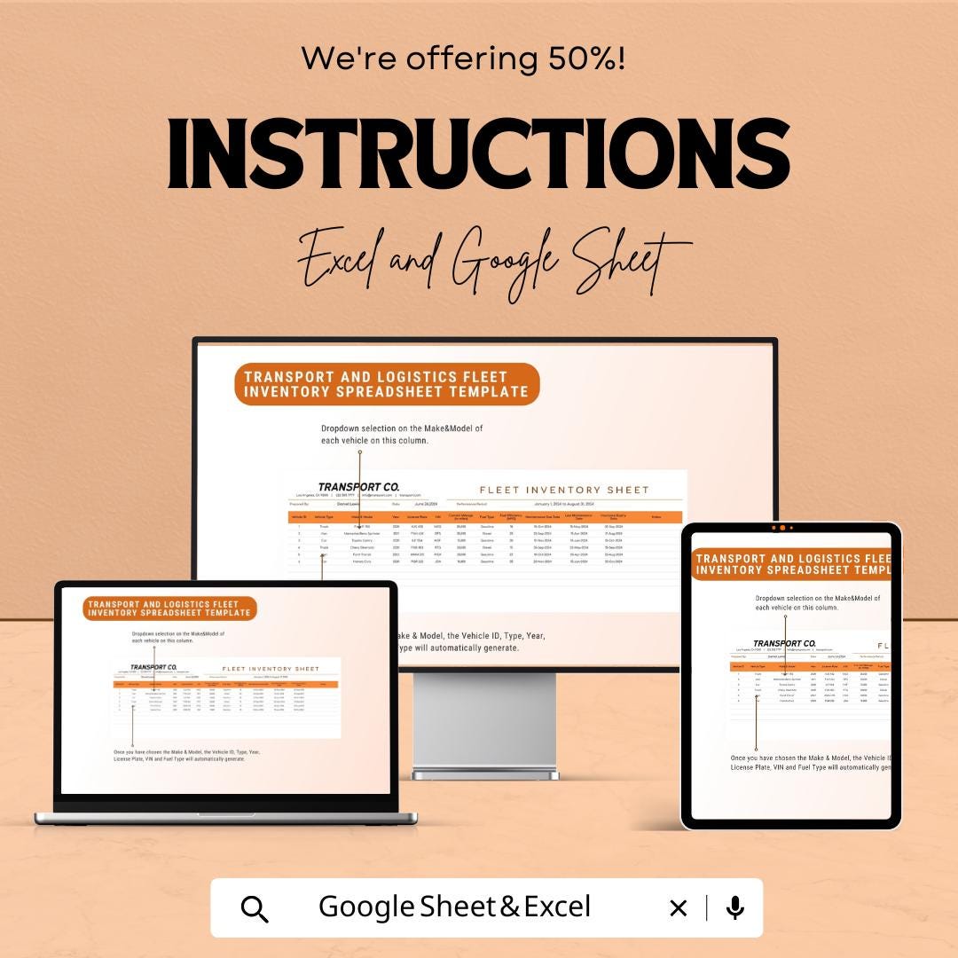 Fleet Inventory Template | Transport and Logistics Vehicle Tracker | Google Sheet & Excel Fleet Management Spreadsheet | Maintenance Log