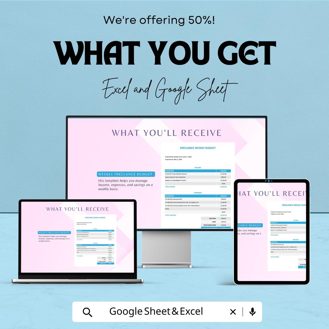Weekly Freelance Budget Sheet | Income & Expense Tracker | Google Sheets and Excel | Freelancers Budget Planner | Editable Finance Template