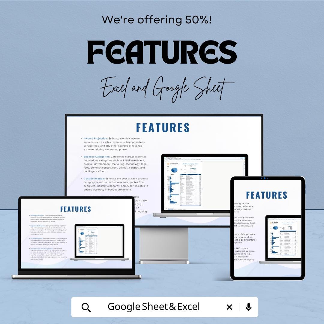 Monthly Startup Budget Spreadsheet Template | Small Business Budget Planner | Income and Expense Tracker | Excel & Google Sheets