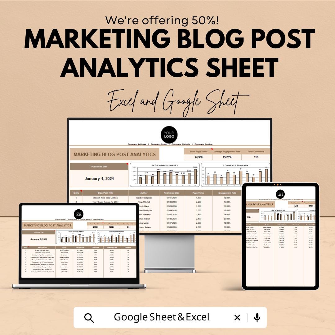 Marketing Blog Post Analytics Sheet | Excel & Google Sheet | Blog Content Tracker | Engagement Report | SEO Performance Dashboard