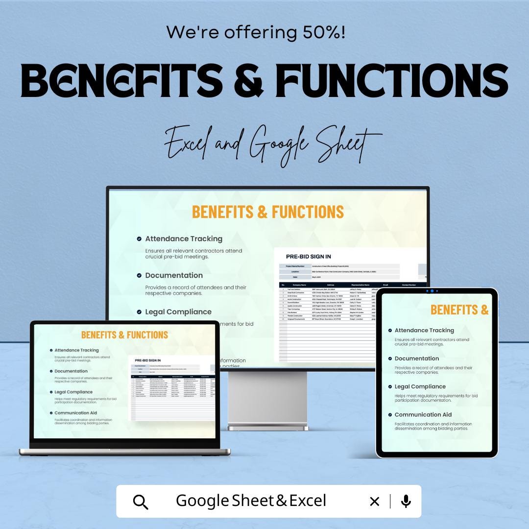 Pre-Bid Sign-In Sheet | Excel & Google Sheets Template | Bid Meeting Tracker | Contractor Registration | Instant Download