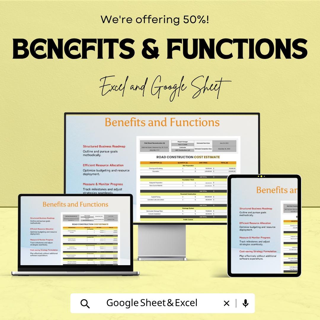 Road Construction Cost Estimate Template Excel Google Sheets | Construction Estimate Spreadsheet | Project Cost Calculator |