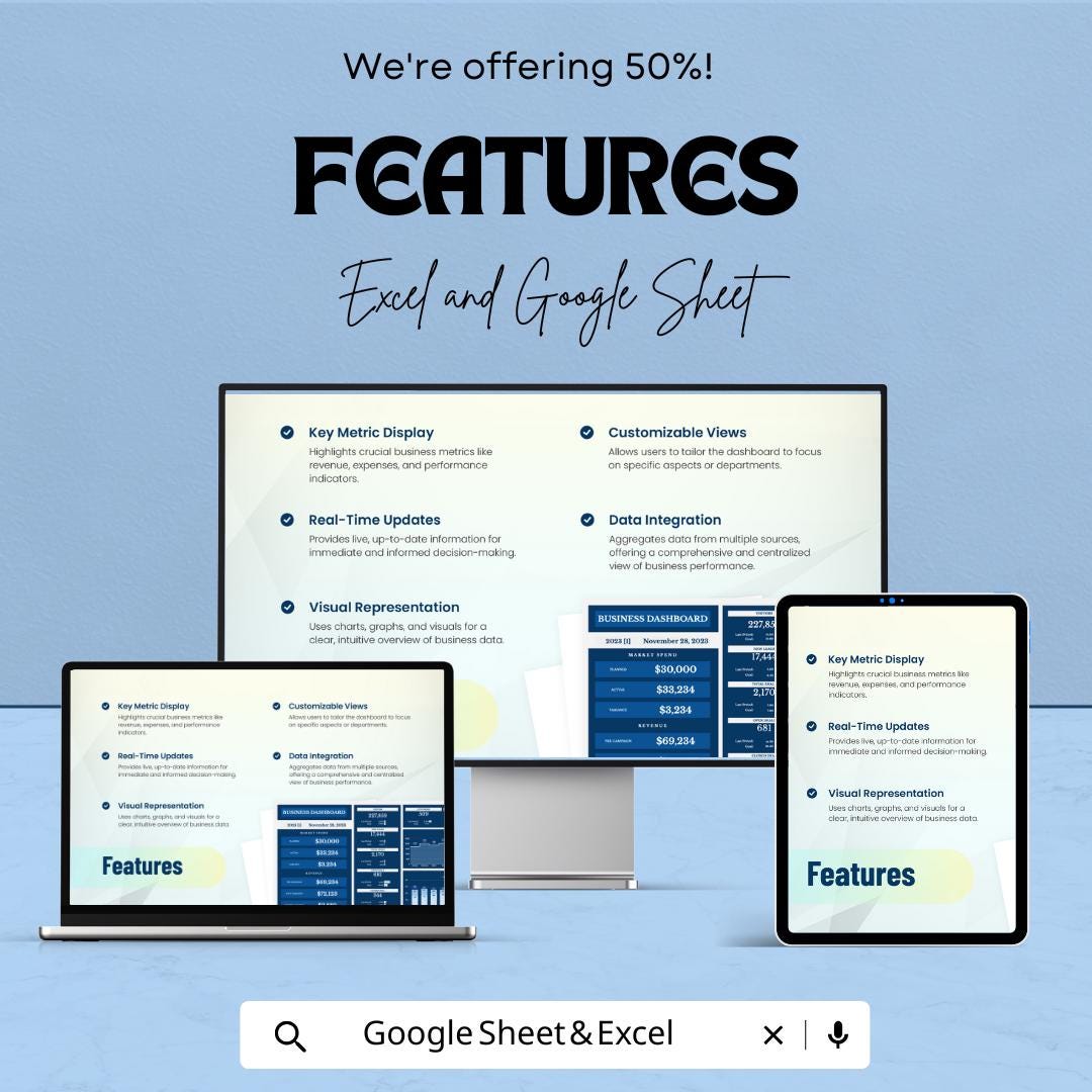 Business Dashboard Template | KPI Tracker Spreadsheet | Excel and Google Sheets Dashboard | Business Metrics Report Template