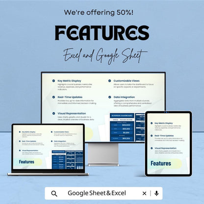 Business Dashboard Template | KPI Tracker Spreadsheet | Excel and Google Sheets Dashboard | Business Metrics Report Template
