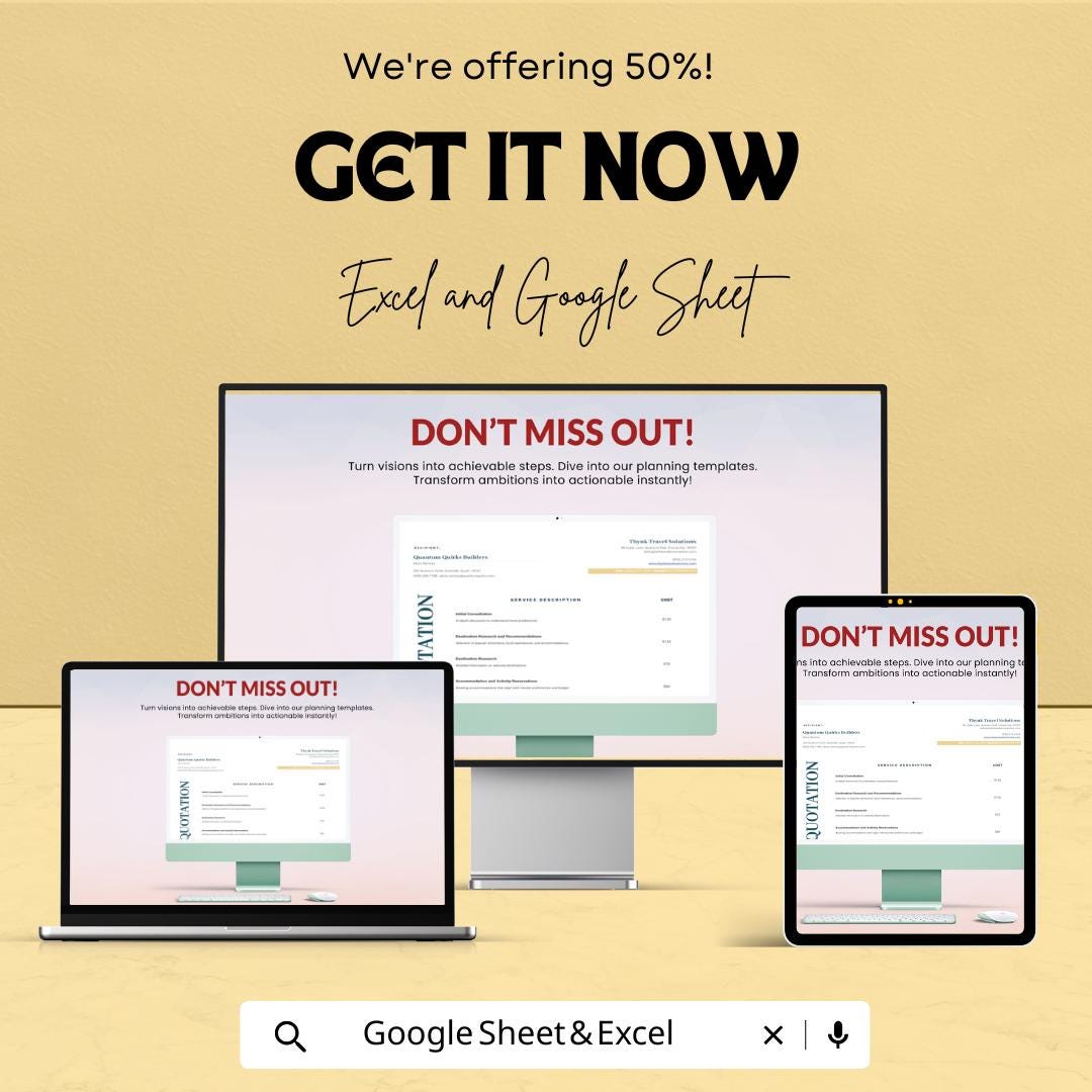 Travel Consulting Services Quotation Sheet | Excel & Google Sheets Template | Customizable Service Quote | 50% Of