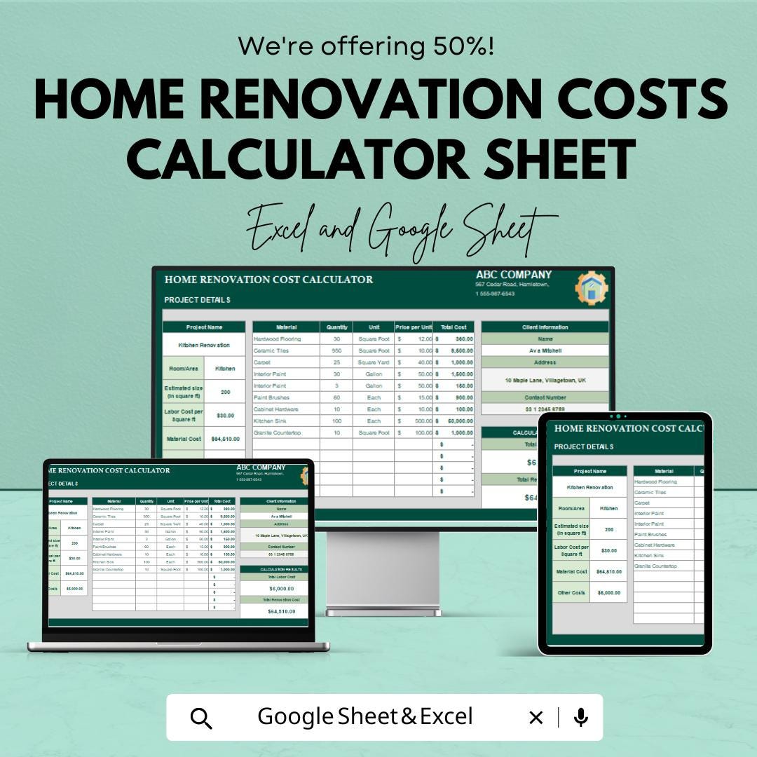 Home Renovation Costs Calculator Excel and Google Sheet | Budget Planner for Construction Projects | Track Material & Labor Costs