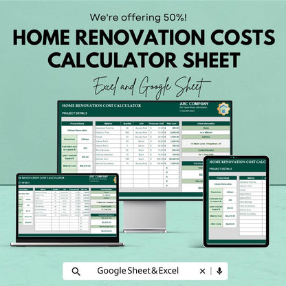 Home Renovation Costs Calculator Excel and Google Sheet | Budget Planner for Construction Projects | Track Material & Labor Costs