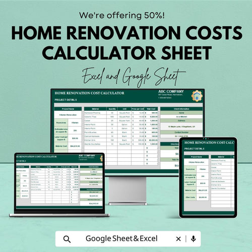Home Renovation Costs Calculator Excel and Google Sheet | Budget Planner for Construction Projects | Track Material & Labor Costs
