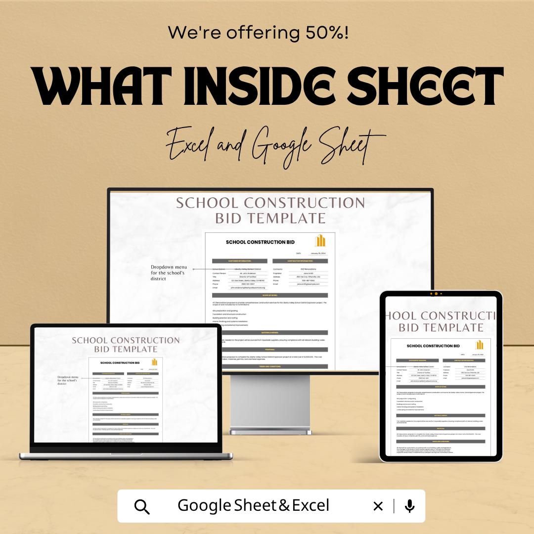 School Construction Bid Template | Construction Bid Spreadsheet | Contractor Proposal Template | Excel & Google Sheets |