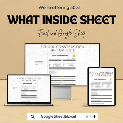 School Construction Bid Template | Construction Bid Spreadsheet | Contractor Proposal Template | Excel & Google Sheets |