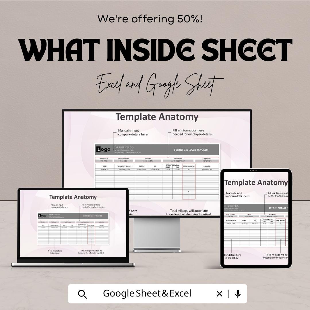 Employee Mileage Tracker Template Excel Google Sheets, Business Mileage Log Spreadsheet, Mileage Reimbursement Tracker, Travel Log Book