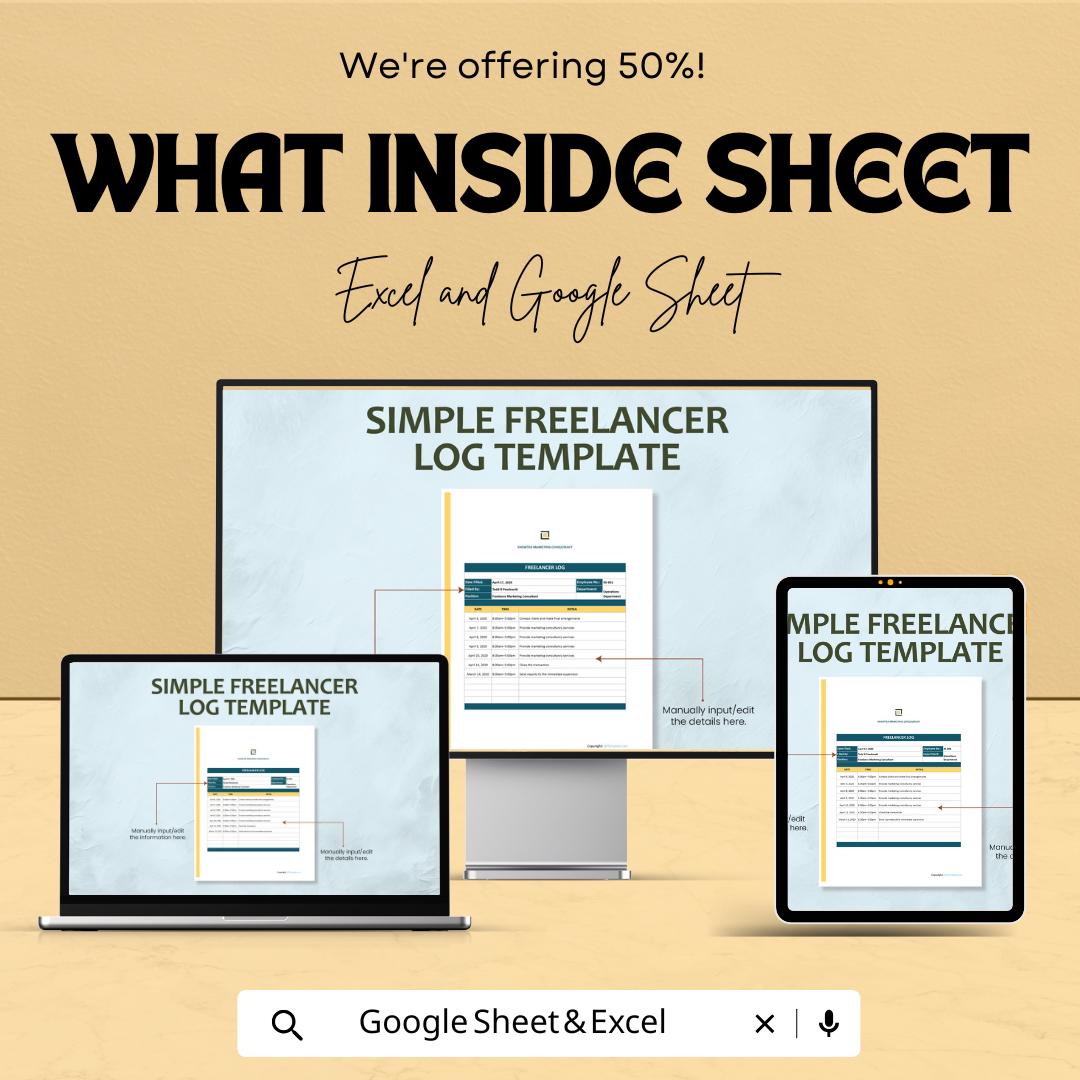 Simple Freelancer Log Template | Time Tracker Sheet | Excel & Google Sheets | Editable Download | 50% Off