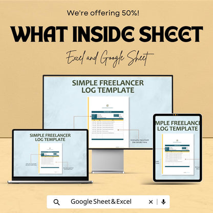 Simple Freelancer Log Template | Time Tracker Sheet | Excel & Google Sheets | Editable Download | 50% Off