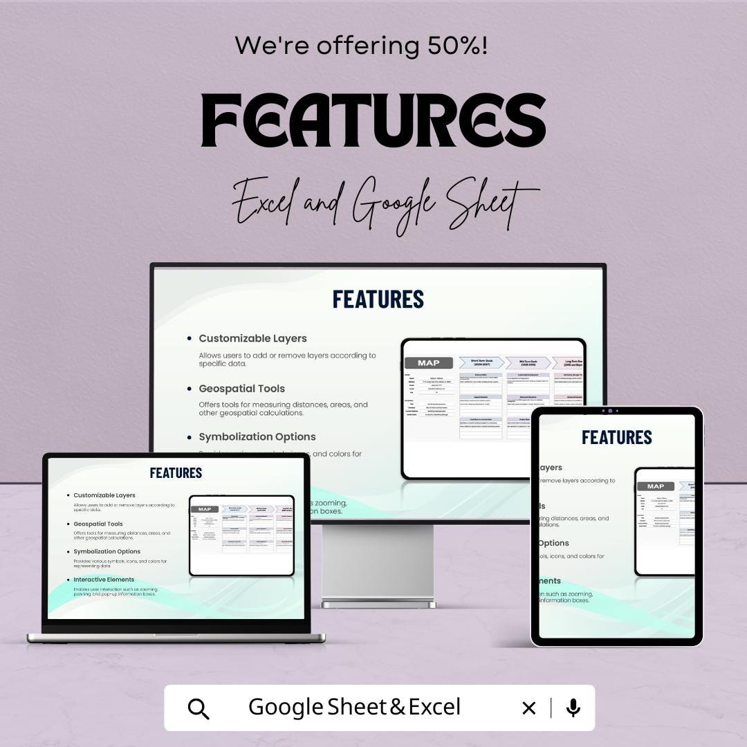 50% Off | Customizable Map Sheet Template for Goal Setting | Short, Mid, and Long-Term Planning | Excel & Google Sheets