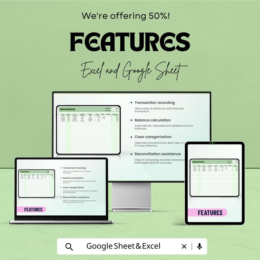 Check Register Template | Editable Checkbook Ledger | Personal Expense Tracker | Digital Download