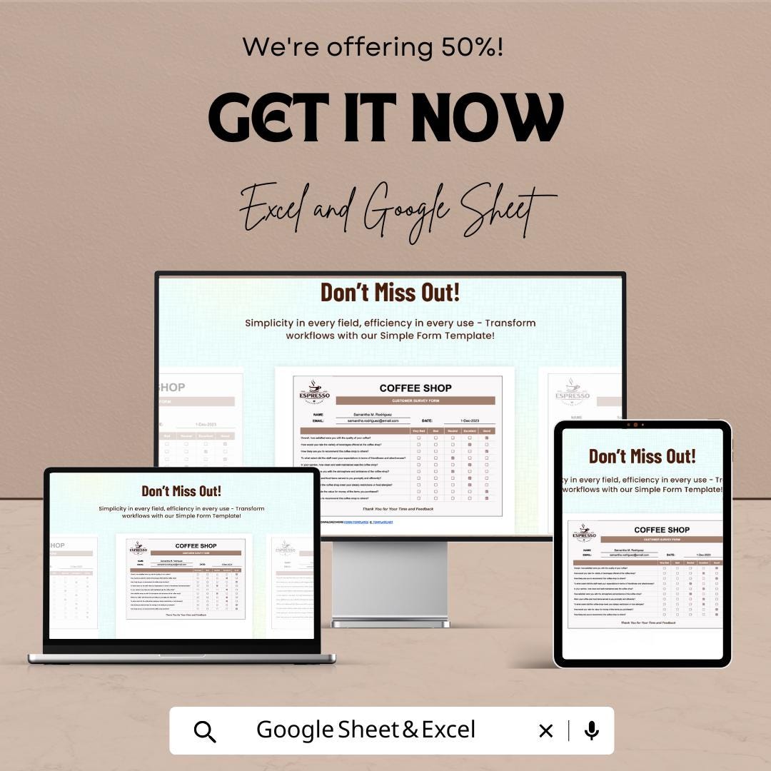 Simple Form Template | Excel & Google Sheets | Customer Survey Form | Feedback Sheet | Business Data Entry Template | Digital Download