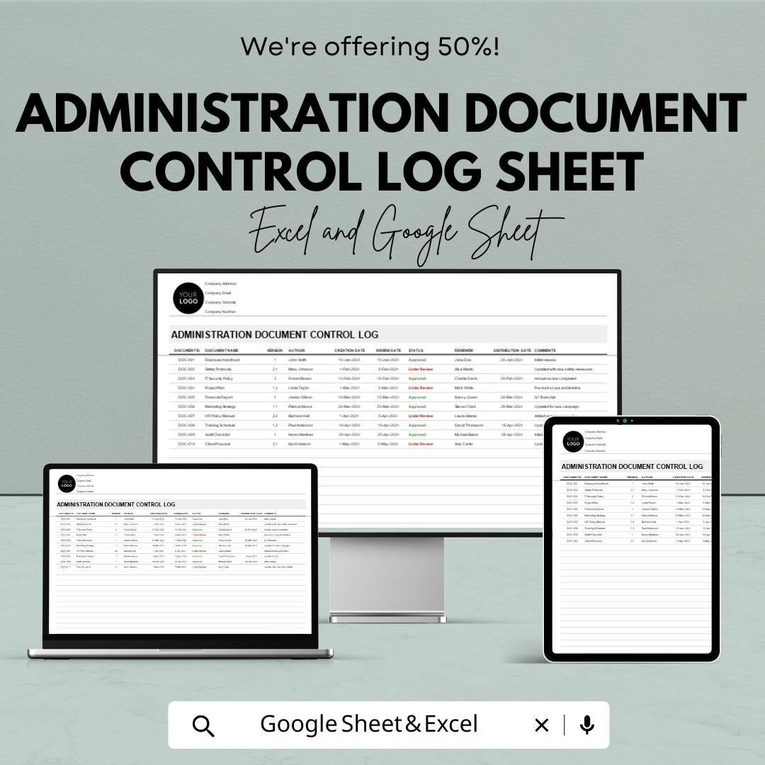 Administration Document Control Log Sheet – Excel & Google Sheets – Document Tracking, Approval Log, Revision History Tracker