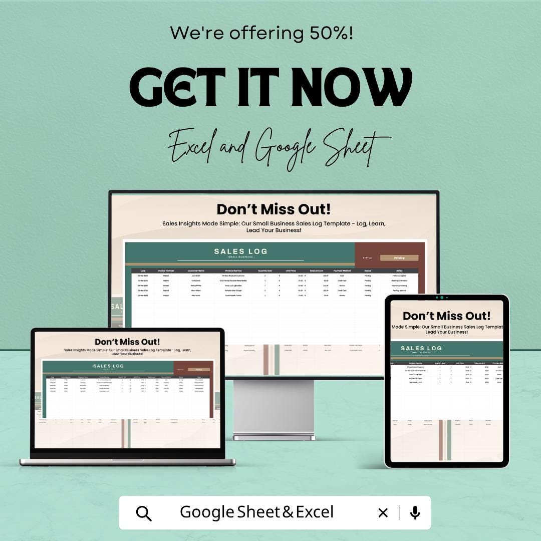 Small Business Sales Log Template Excel | Sales Tracker Spreadsheet Google Sheets | Sales Record Tracker | Revenue Tracking Sheet |