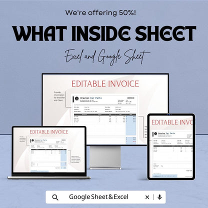 Editable Invoice Template | Excel and Google Sheets | Printable Invoice Form | Business Billing Template | Service and Product Invoice Sheet