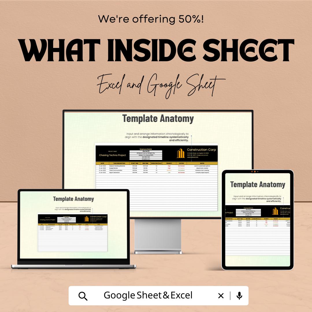 Construction Work From Home Template | Remote Construction Project Tracker | Contractor Task Log | Project Management Spreadsheet