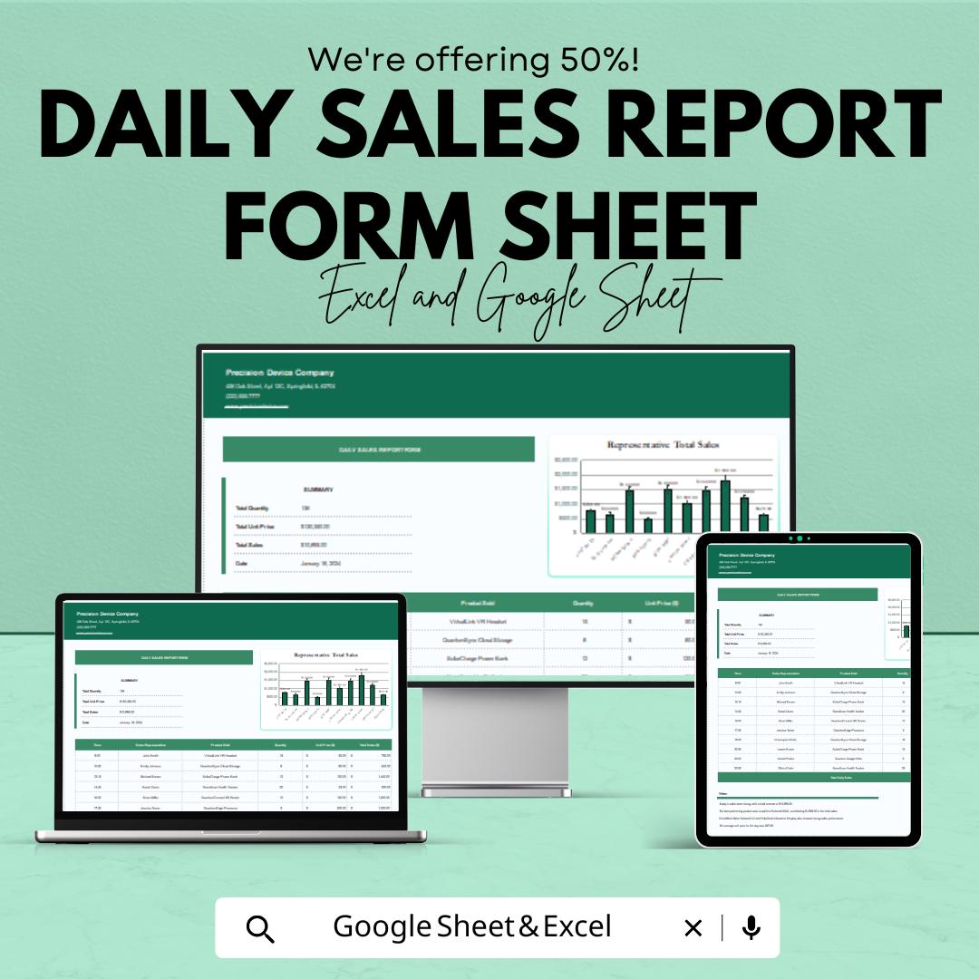 Daily Sales Report Form Sheet - Excel & Google Sheets Template - Track Sales, Performance Metrics, and Product Analysis