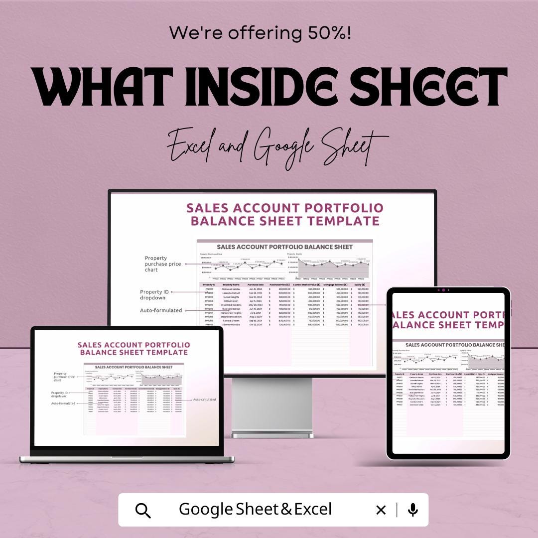 Sales Account Portfolio Balance Sheet | Excel & Google Sheet | Real Estate Sales Tracker | Property Equity Report | Editable Dashboard