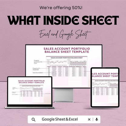 Sales Account Portfolio Balance Sheet | Excel & Google Sheet | Real Estate Sales Tracker | Property Equity Report | Editable Dashboard