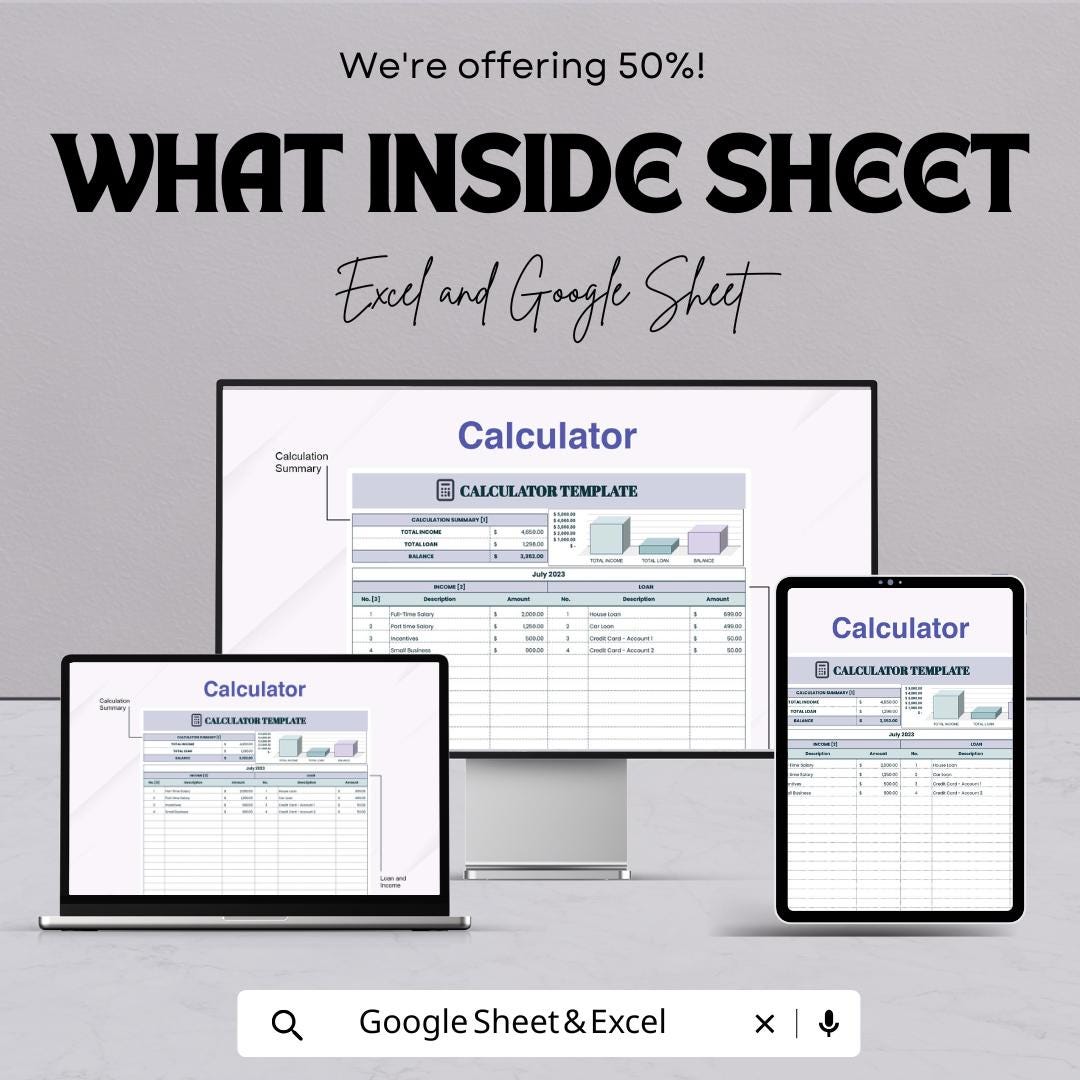Calculator Sheet | Excel and Google Sheets | Expense Tracker | Income & Loan Calculator | Editable Budget Template