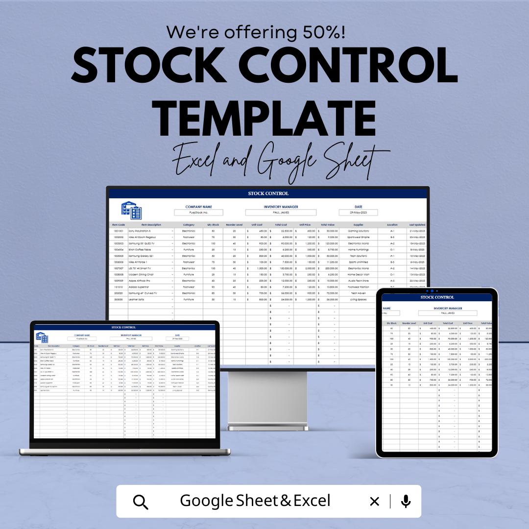 Stock Control Template Excel & Google Sheets | Inventory Management Spreadsheet | Stock Tracker for Small Business | Product Inventory Log
