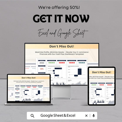 E-Commerce Cash Flow Dashboard Template | Business Finance Tracker | Profit and Expense Report | Online Store Analytics Spreadsheet