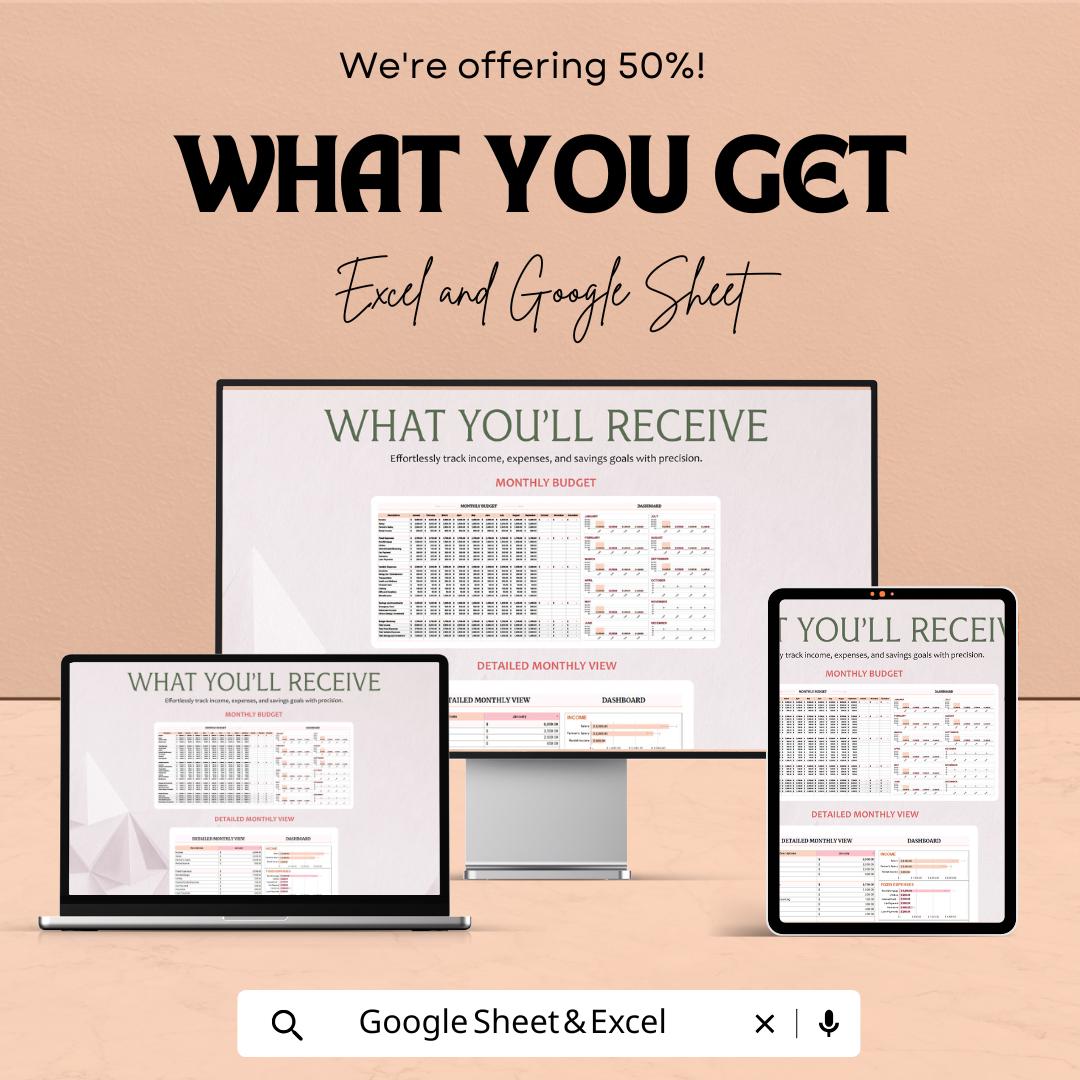 Monthly Budget Sheet - Excel & Google Sheet Template for Personal Finance, Expense Tracker, Budget Planner, Financial Management Tool