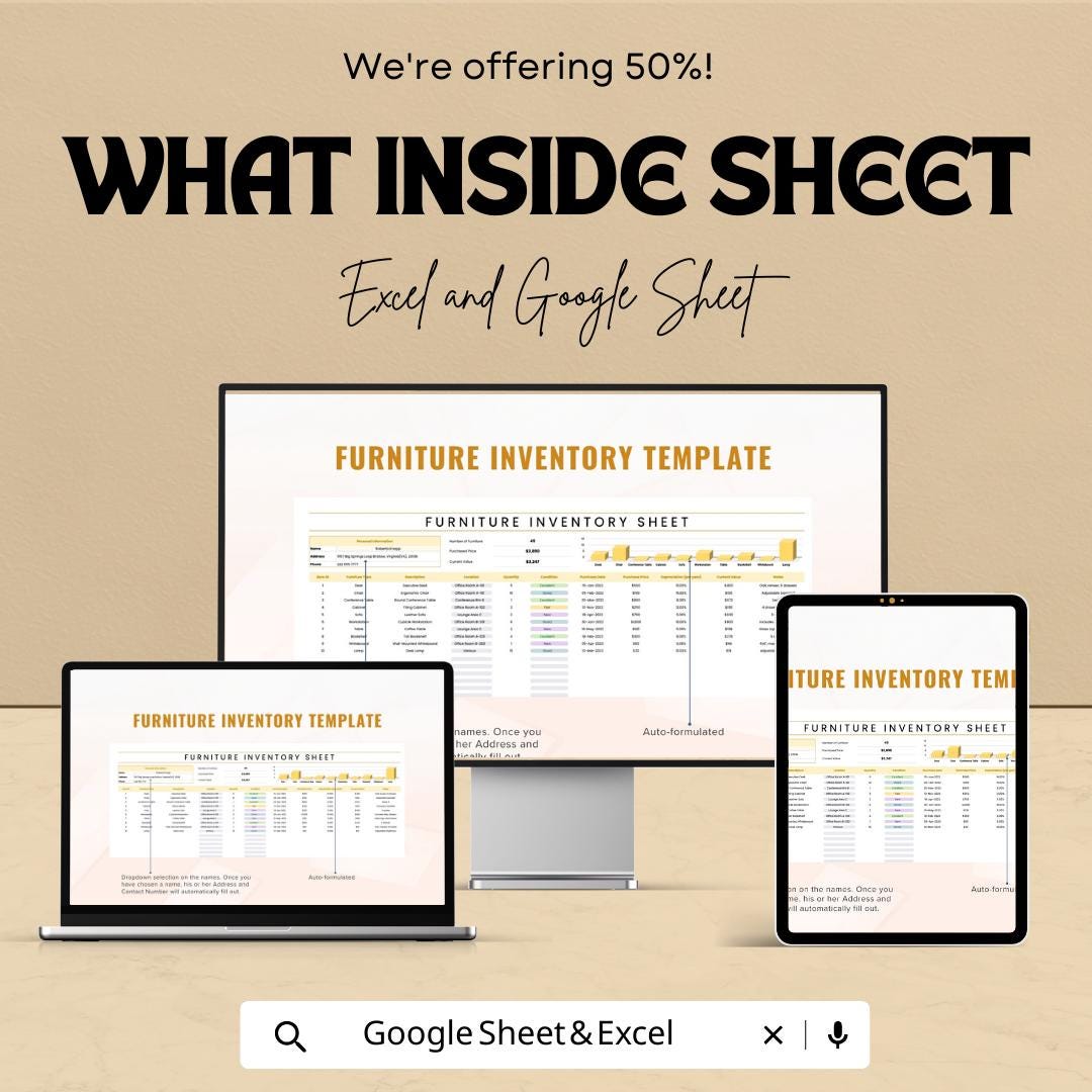 Furniture Inventory Template | Home Asset Tracker Spreadsheet | Furniture Inventory Log | Insurance & Asset Management