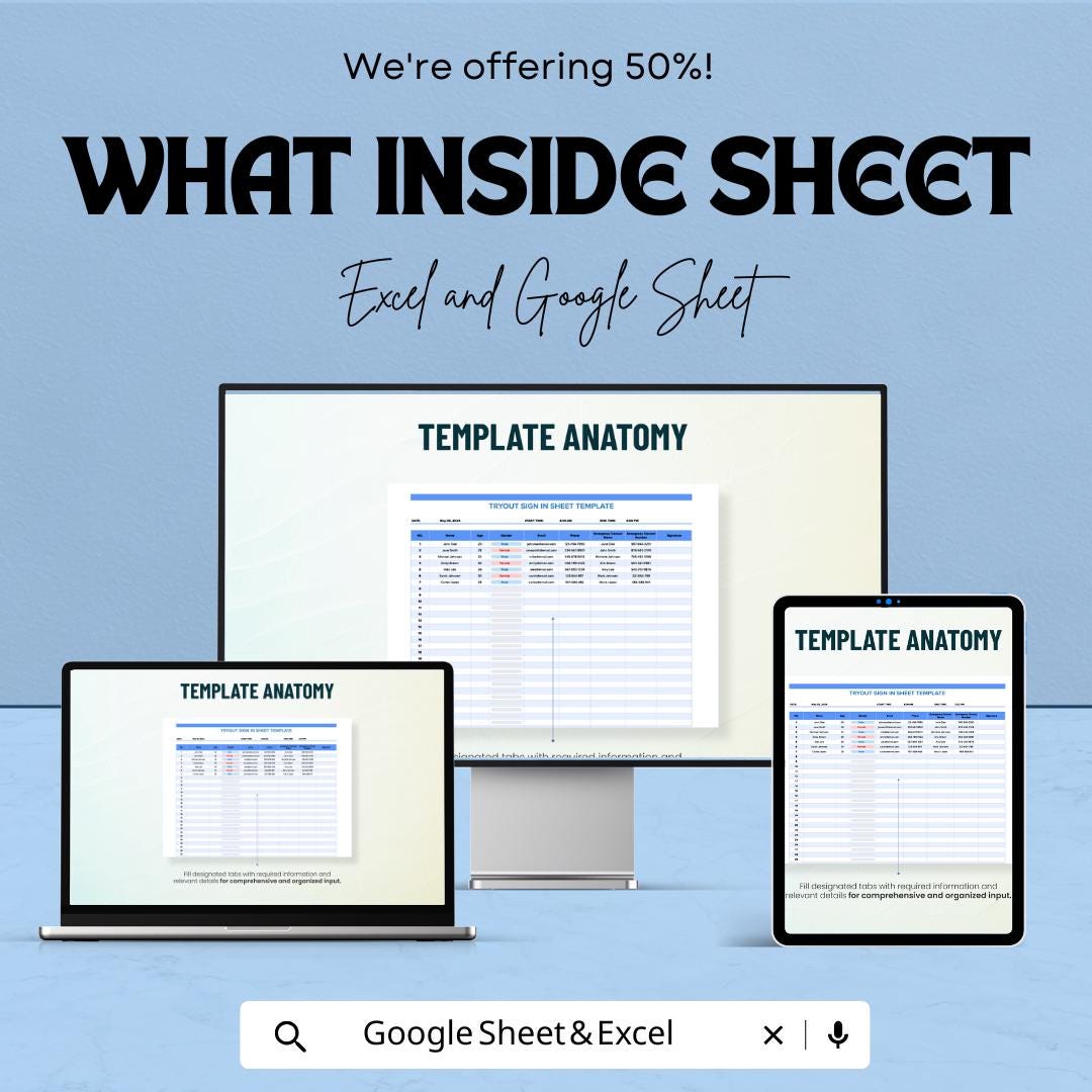 Tryout Sign-In Sheet | Sports Tryout Registration Template | Track Participants & Attendance | Excel and Google Sheets | Instant Download
