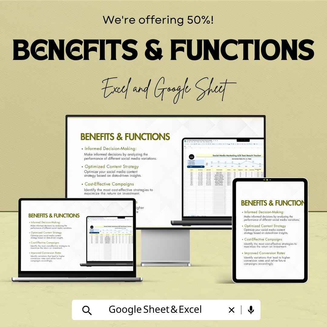 Social Media Marketing A/B Test Result Tracker Template | AB Testing Spreadsheet | Conversion Rate Tracker | Marketing Analytics Tool