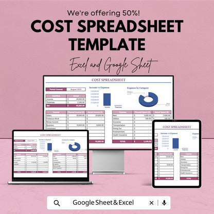 Cost Spreadsheet Template | Excel & Google Sheets Budget Tracker | Income Expense Dashboard | Financial Planning Tool