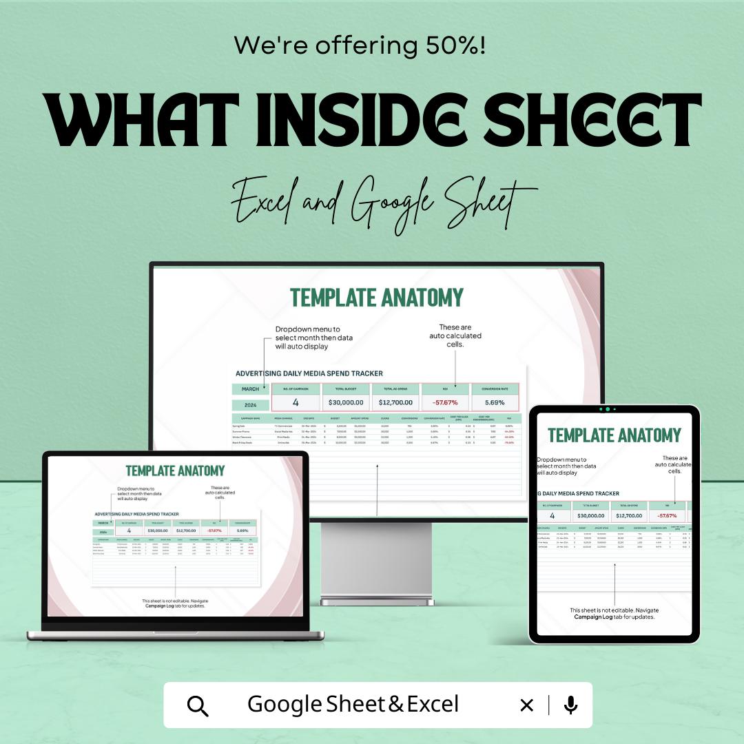 Advertising Daily Media Spend Tracker Template  | Ad Spend Tracker | Marketing Budget Planner | Media Invoice Tracking Spreadsheet