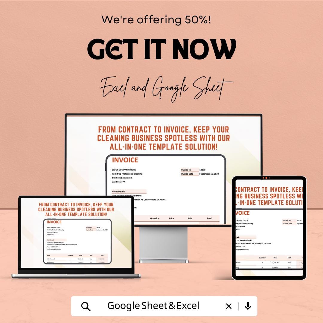 Cleaning Services Contract Agreement Invoice Template | Cleaning Business Invoice | Service Contract Form | Printable Invoice Template