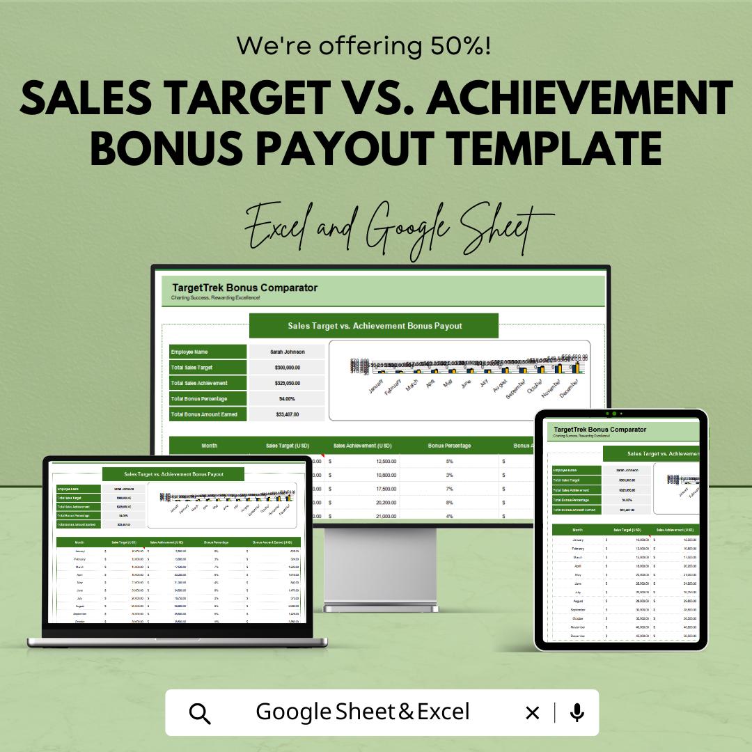 Sales Target vs Achievement Bonus Payout Template | Sales Performance Tracker | Incentive Calculator | Commission Template