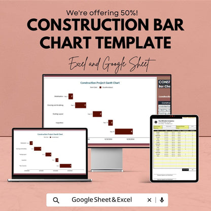 Construction Bar Chart Template | Construction Gantt Chart Spreadsheet | Project Timeline Planner | Construction Schedule Template |