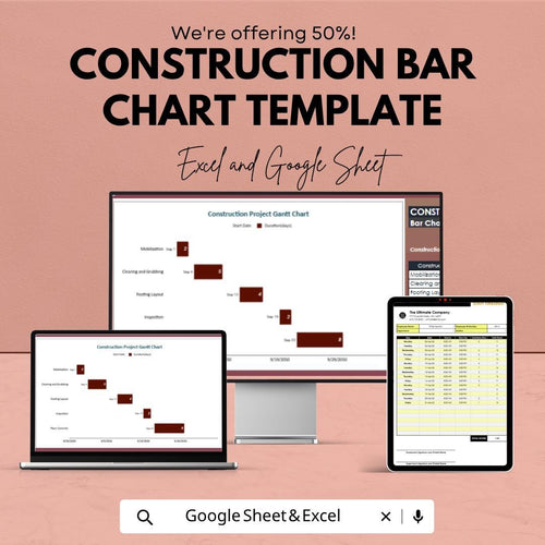 Construction Bar Chart Template | Construction Gantt Chart Spreadsheet | Project Timeline Planner | Construction Schedule Template |