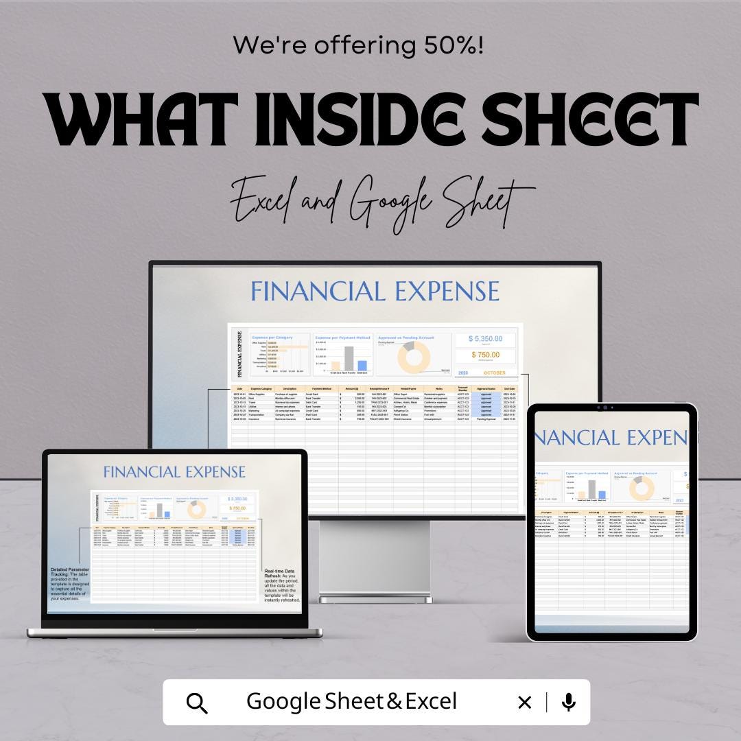 Financial Expense Template | Expense Tracker Spreadsheet | Budget Expense Log | Monthly Spending Tracker