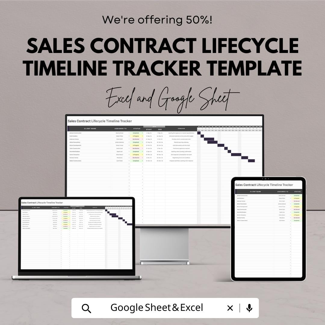 Sales Contract Lifecycle Timeline Tracker Template | Excel & Google Sheets | Contract Management Spreadsheet | Sales Timeline Tracker